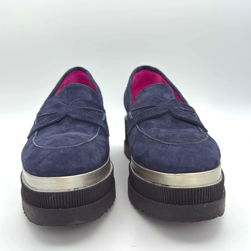 Marco Moreo Milano - women’s Hannah navy blue suede loafer platform shoes‎ 7 /38
